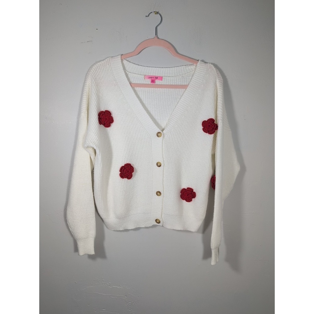 PAPER DOLL WOMENS WHITE KNIT CARDIGAN SWEATER WITH CROCHET FLOWERS